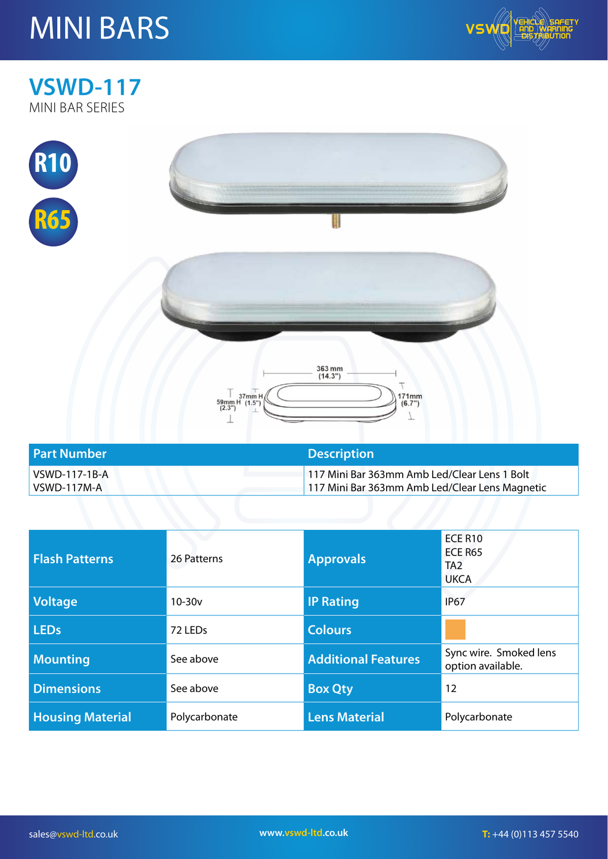 VSWD 117 363mm Amber LED Mini Bar - official product information