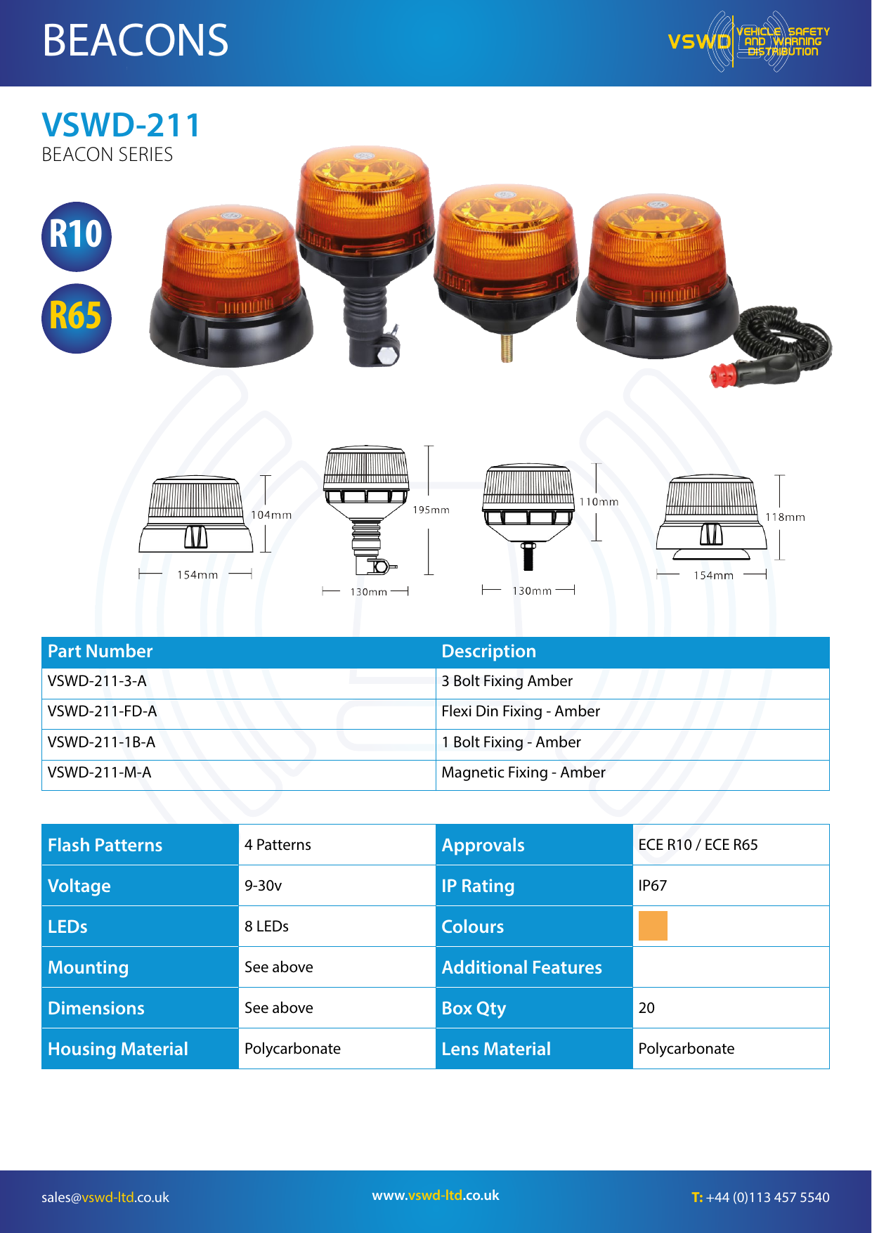 VSWD 211 Series Amber LED Beacon - official product information