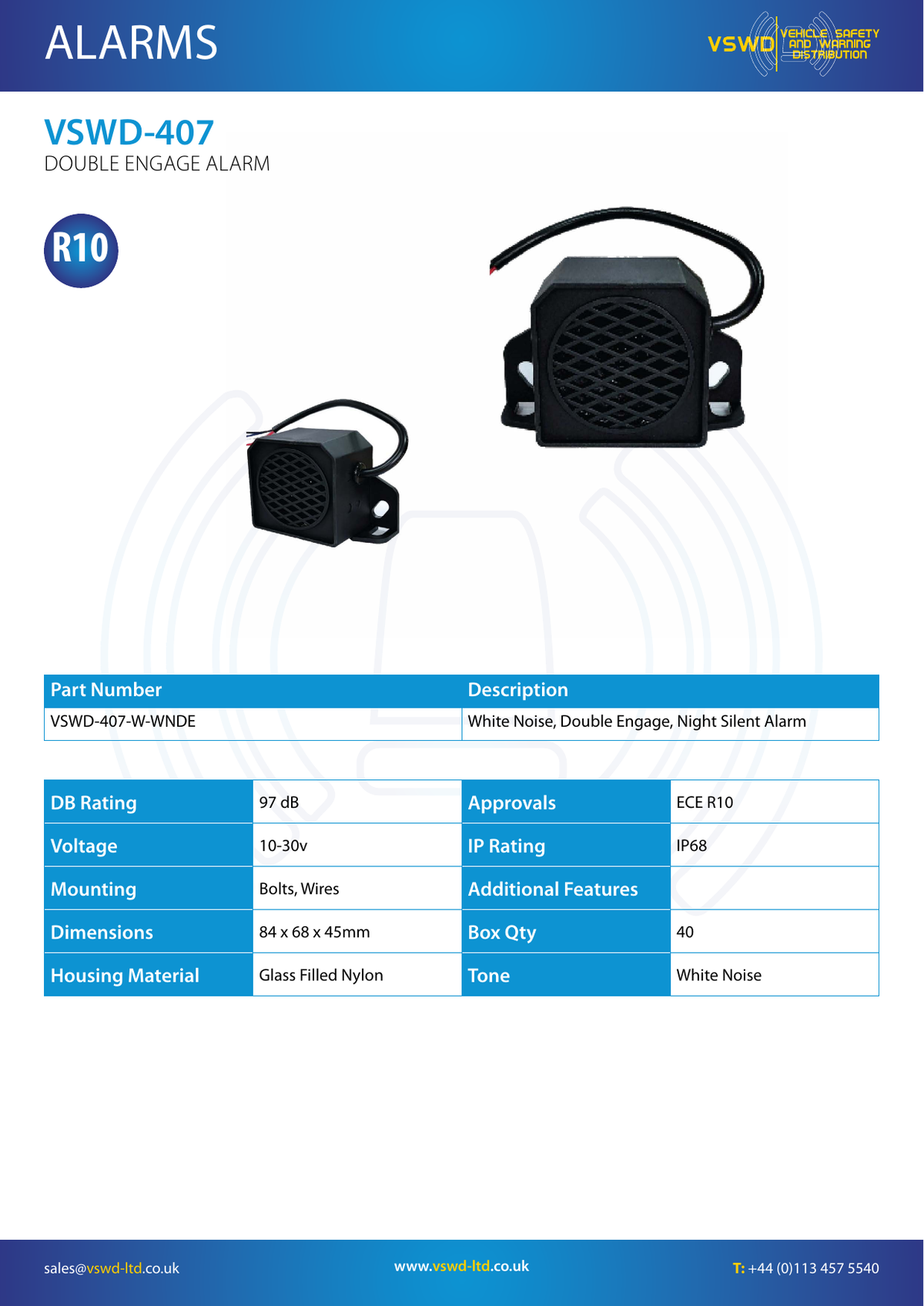 VSWD reversing and audible warning alarms
