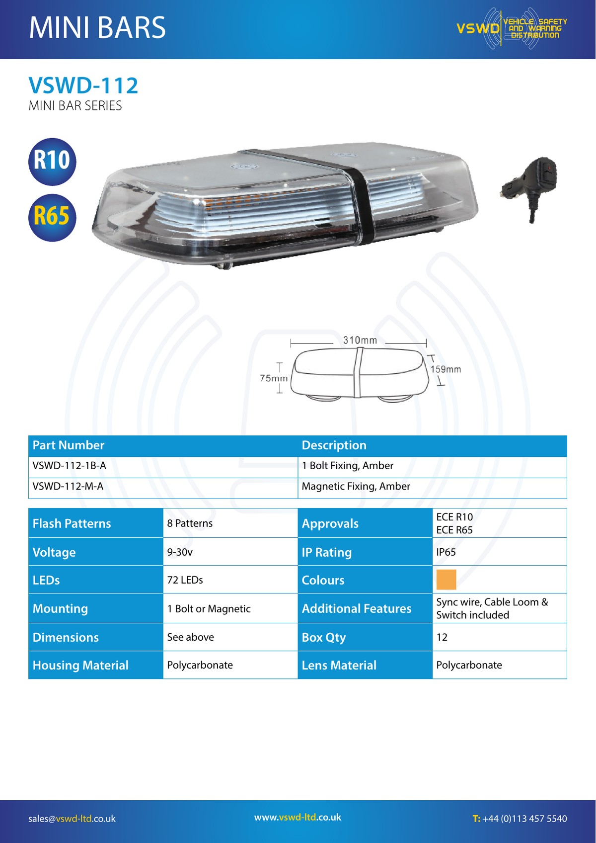 VSWD 112 Compact Amber LED Mini Bar - official product information