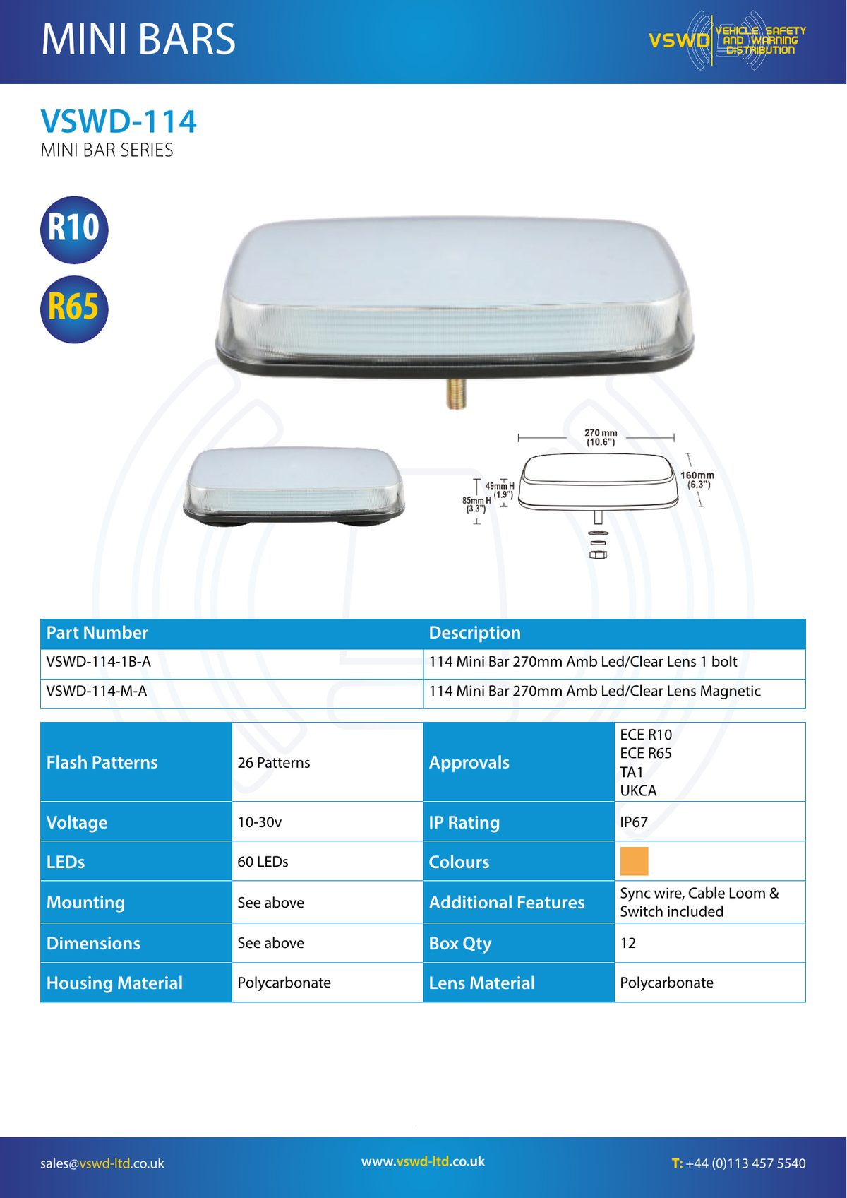 VSWD 114 270mm Amber LED Mini Bar - official product information