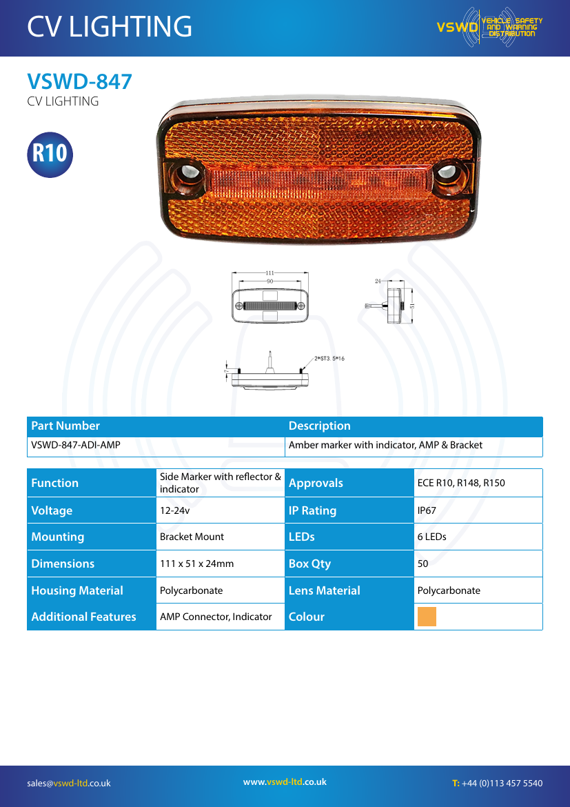 VSWD 847 amber marker light with indicator and AMP connector