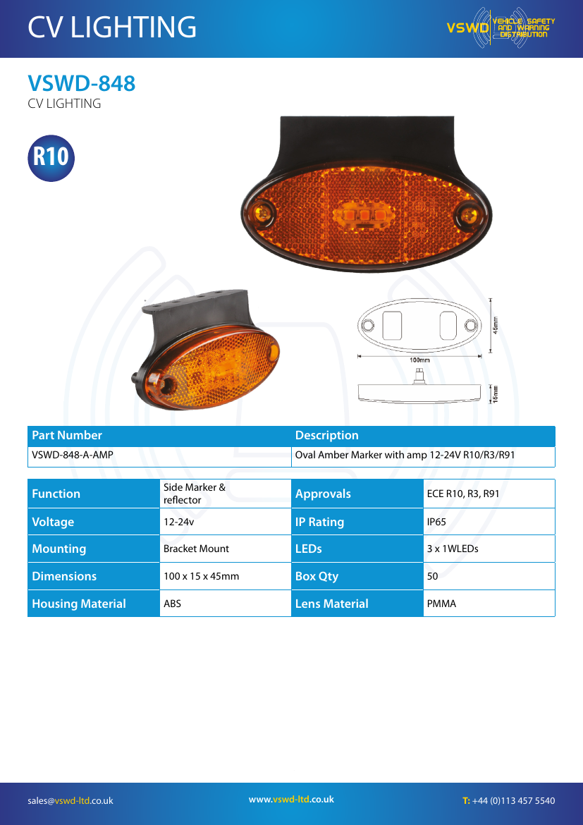 VSWD 848 oval amber LED marker light with AMP connector
