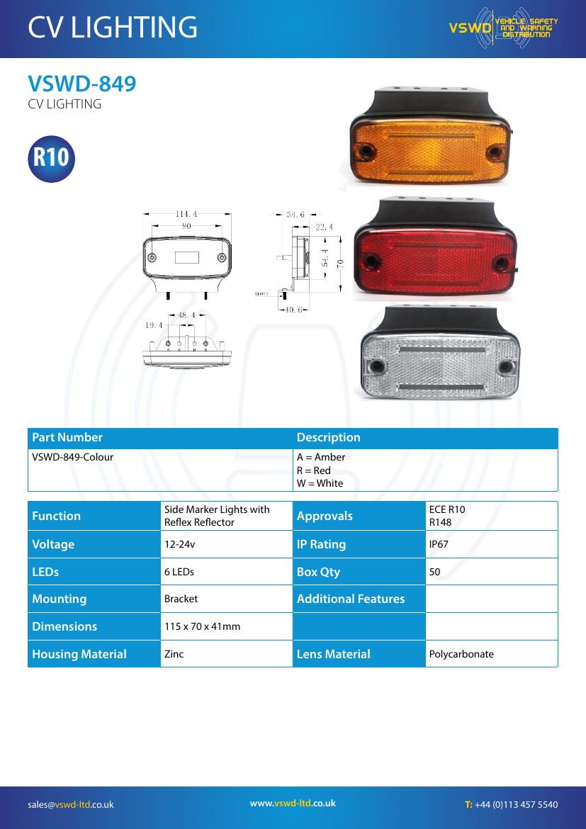 VSWD 849 amber LED side marker with reflex reflector and AMP connector
