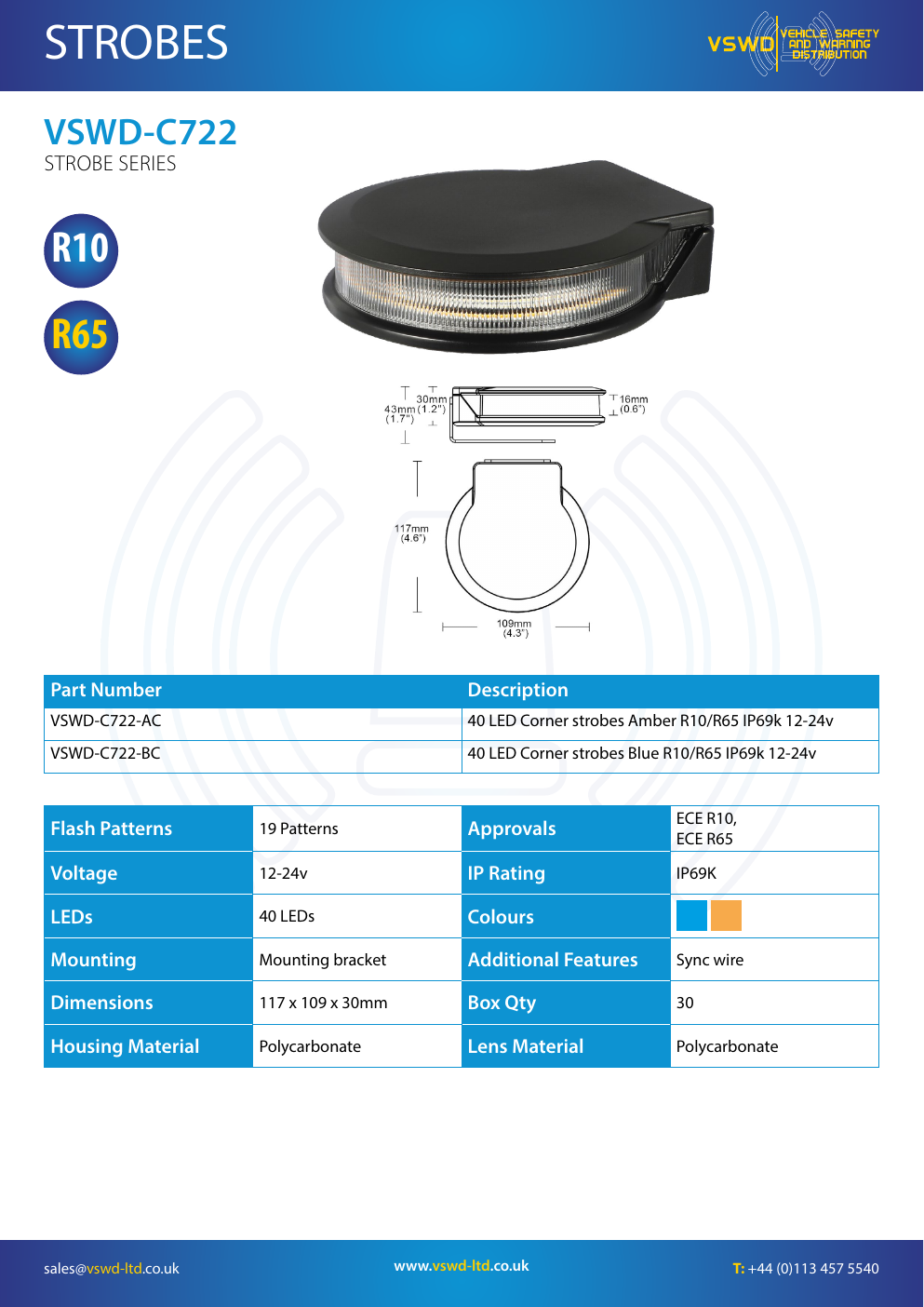 VSWD C722 40 LED amber corner strobe